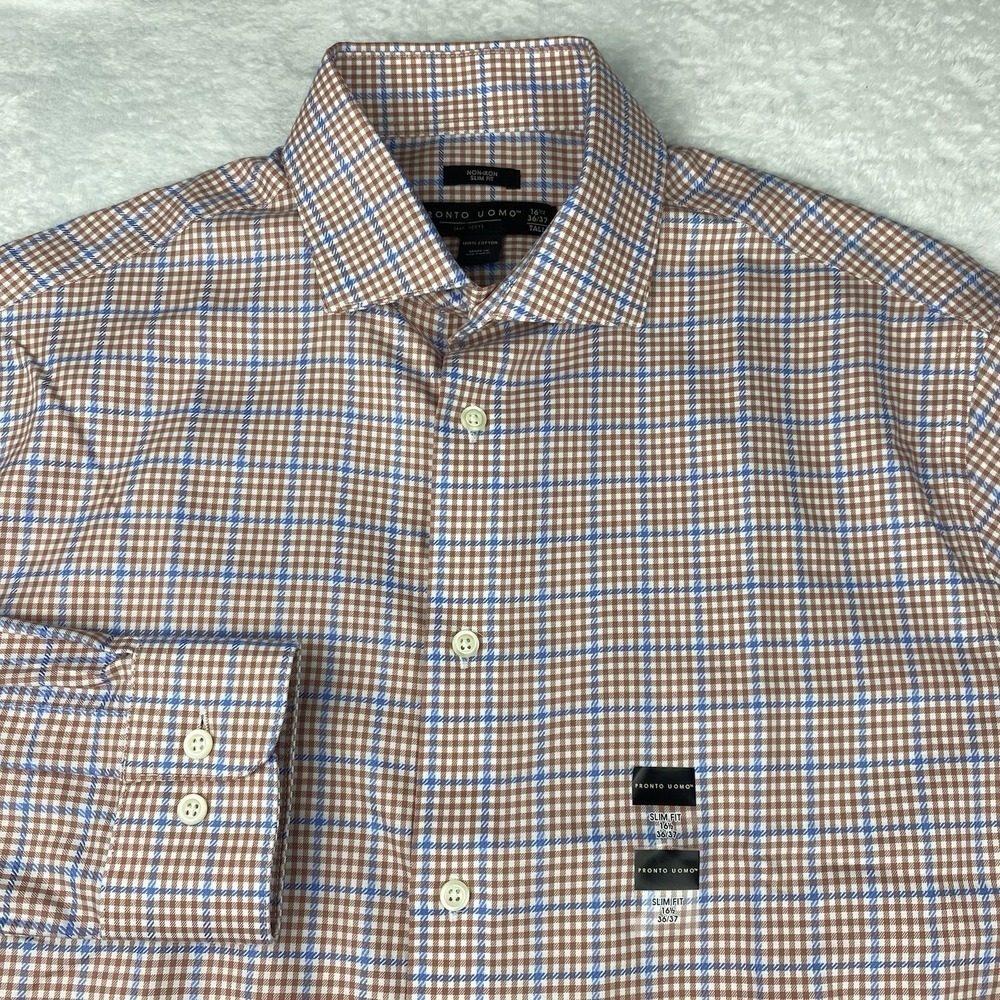Pronto Uomo Dress Shirt Men's 16.5-36/37 TALL Blue/Tan Checks Slim Fit NWT!